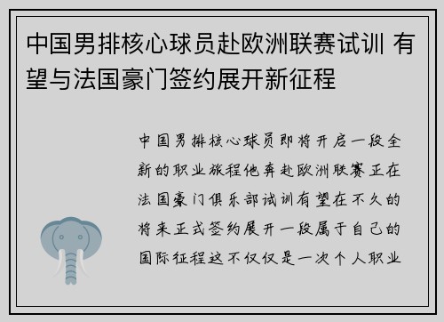 中国男排核心球员赴欧洲联赛试训 有望与法国豪门签约展开新征程