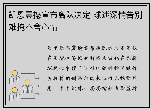 凯恩震撼宣布离队决定 球迷深情告别难掩不舍心情